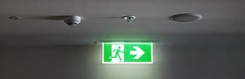 Emergency Lighting, Sound and Alarms mounted in the ceiling
